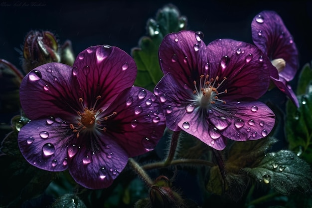 Lila Blüten mit Wassertropfen auf den Blütenblättern