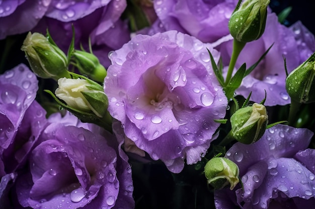 Lila Blüten mit Wassertropfen auf ihnen sind in einer Vase generativ ai