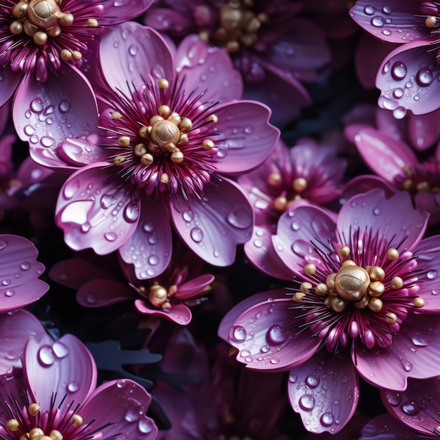 Lila Blüten mit Wassertropfen darauf sind in einem generativen Garten