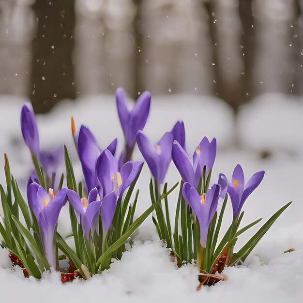 lila Blumen im Schnee mit fallendem Schnee