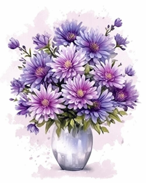 lila Blumen in einer Vase mit Aquarell-Spritzern auf einem weißen Hintergrund