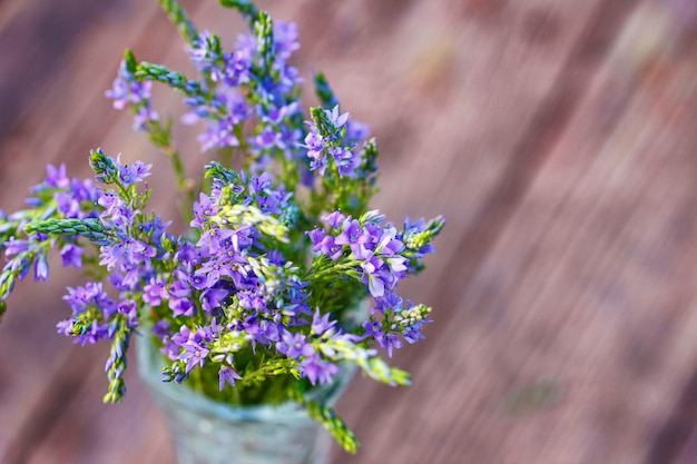 Lila Blumen in einer Vasenahaufnahme auf einem hölzernen