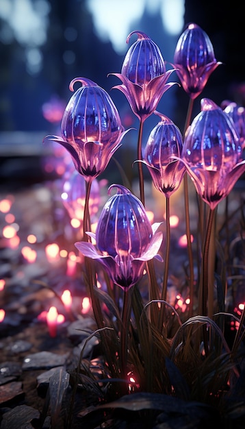 Lila Blumen mit Lichtern im Hintergrund generative KI
