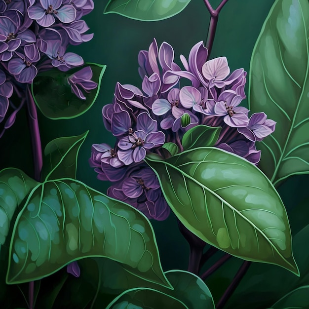 Lila Blumen und Blätter Nahaufnahme realistische Malerei