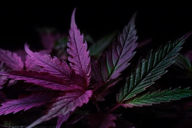 Lila Cannabisblatt auf dunklem Hintergrund. Neuronales Netzwerk, KI generiert