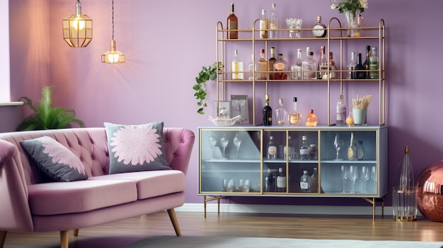 Lila Couch in einem Wohnzimmer mit einem Regal voller Flaschen und generativer Flaschen
