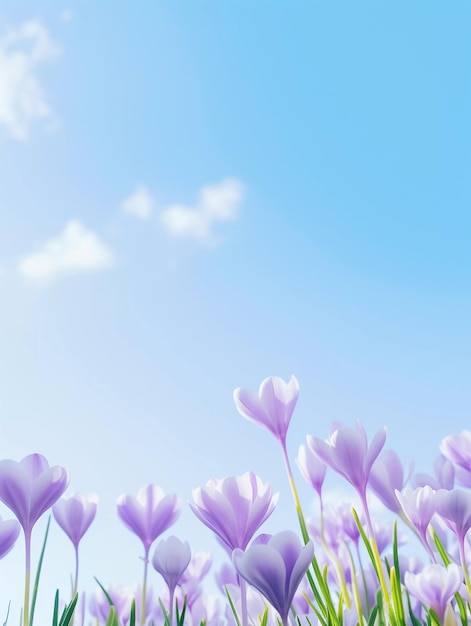 Lila crocus flores de primavera en un fondo de cielo azul Ai fotografía generativa suave en tonos pastel con copyspace perfecto para portada de cartel o publicidad estacional