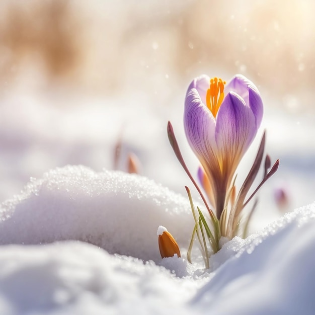 Lila Crocus Frühlingsblume wächst im Schnee