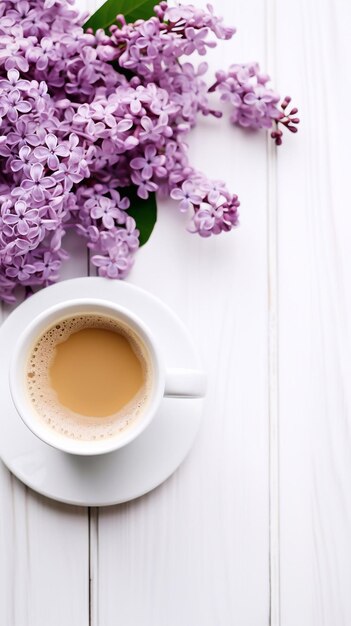 Lila e xícara de café em estilo plano em madeira branca café da manhã branco xícara de cafeína marrom preto é