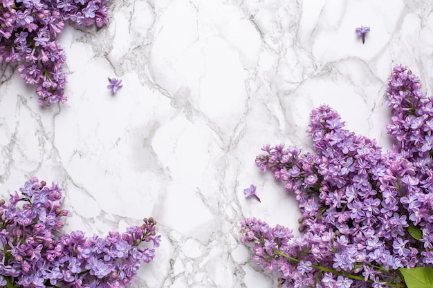 La lila florece en el fondo de mármol con copyspace Verano de color y concepto de vacaciones.