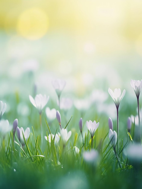Lila Frühlingsblumen auf einem verschwommenen Grasgrund Ai generative weiche Fotografie in Pasteltönen mit Copyspace perfekt für Postercover oder saisonale Werbung