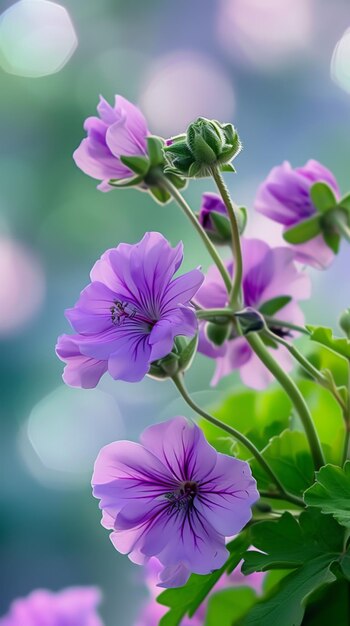 lila Geraniumblüten auf einem verschwommenen Hintergrund mit Bokeh