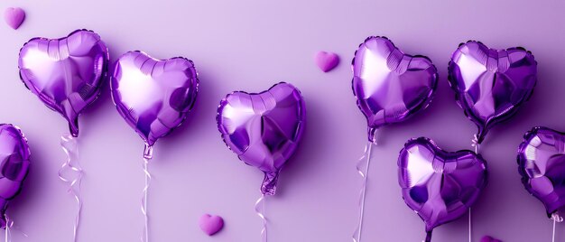Foto lila herzförmige ballons auf einem lila hintergrund geburtstagskarte urlaubshintergrund