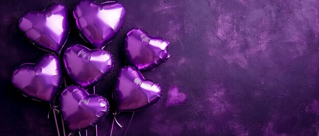 Foto lila herzförmige ballons auf lila hintergrund valentinstag geburtstagskarte feiertage