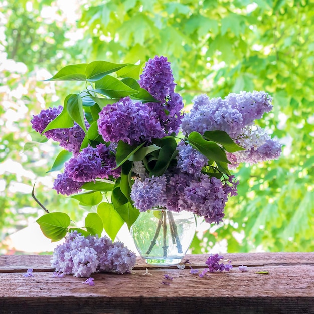 Lila en un jarrón en la ventanaHermosas y delicadas flores.