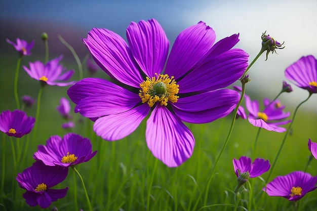 Lila Kosmosblumen auf einem Feld