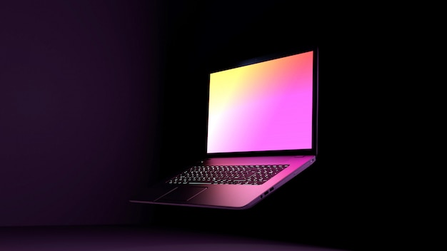 Lila Laptop 3D-Illustration. Dunkler Hintergrund, schwarzer Schreibtisch-Laptop-Computer mit Farbe rosa lila Lichtanzeige.