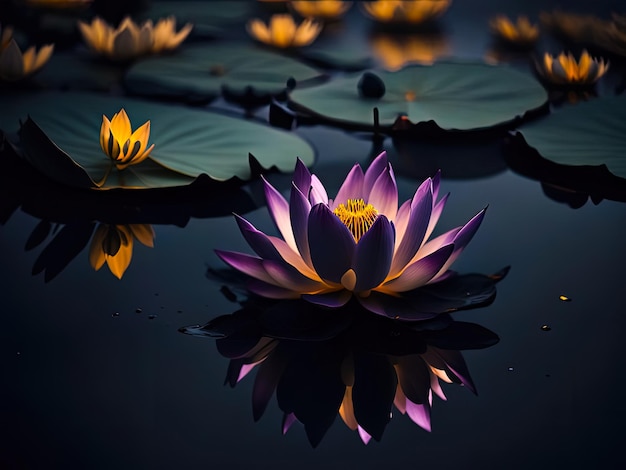 Lila Lotusblüte auf dunklem Teich mit gelbem Pollen in der Mitte Seerose mit Reflexion im Teich