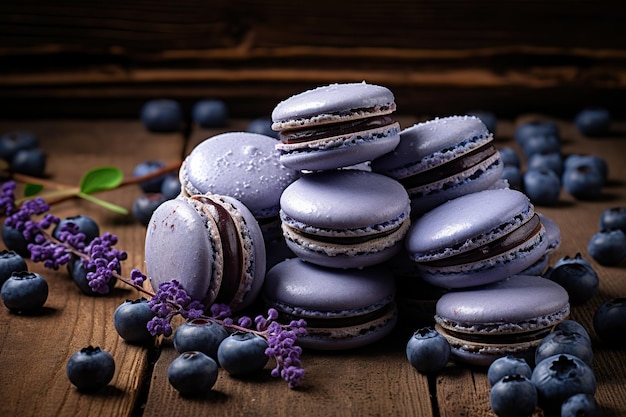 Lila Macarons-Dessert mit Blaubeeren auf Holzhintergrund