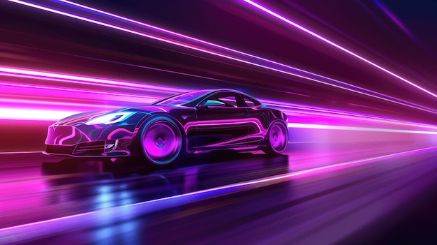 Lila Neon leuchtet im dunklen Elektroauto auf Hochgeschwindigkeitslaufkonzept