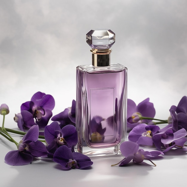 Lila Parfümflasche und violette Blumen in Nahaufnahme, schöne Illustration für Kosmetikwerbung
