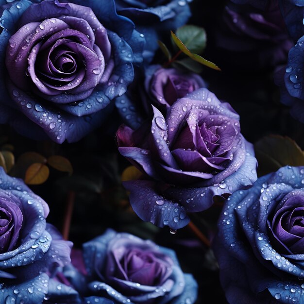 Lila Rosen mit Wassertropfen auf ihnen sind in einem Bouquet generative ai.