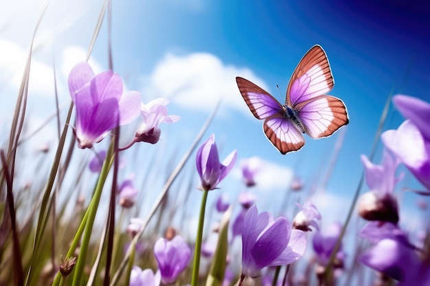 Lila Schmetterling auf wilden weißen violetten Blüten im Gras, die von KI generiert wurden