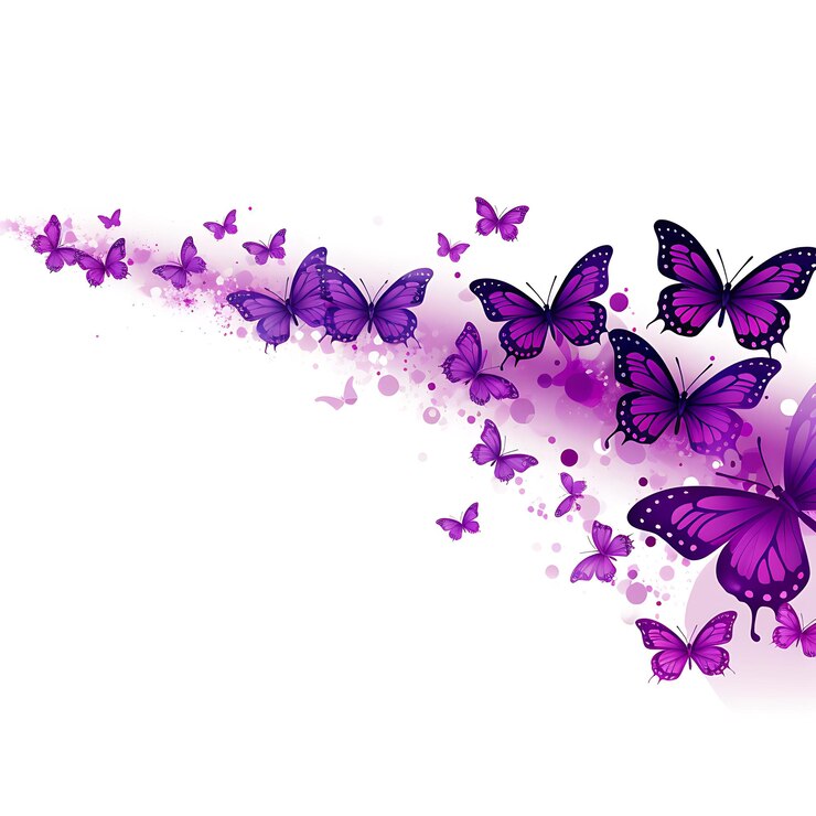 lila Schmetterlinge fliegen auf einem weißen Hintergrund mit einem rosa Herz