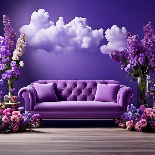 Foto lila sofa auf dem hintergrund einer wand mit wolken und blumenvasen poster mit kopierplatz