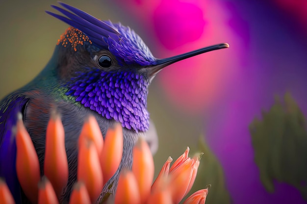 Lila süßer Kolibri mit Blume