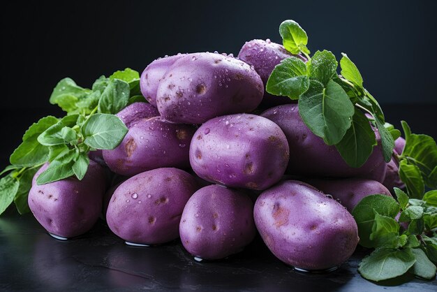 Lila-Süßkartoffeln auf einem dunklen Tisch