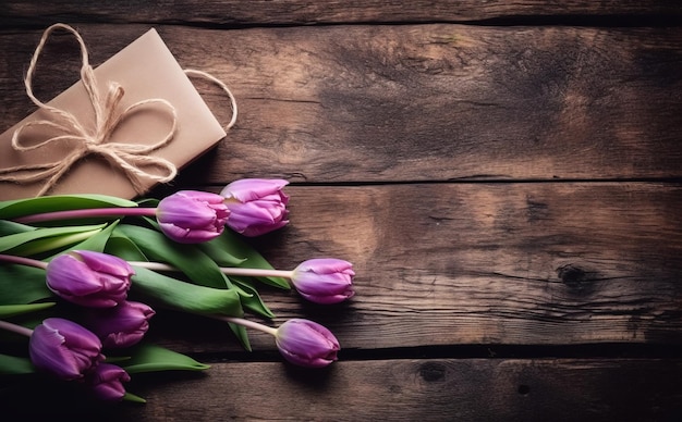 Lila Tulpen und eine Geschenkbox auf einem Holztisch