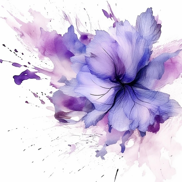 Lila und blaue Blume mit Aquarellspritzern auf weißem Hintergrund, generative KI