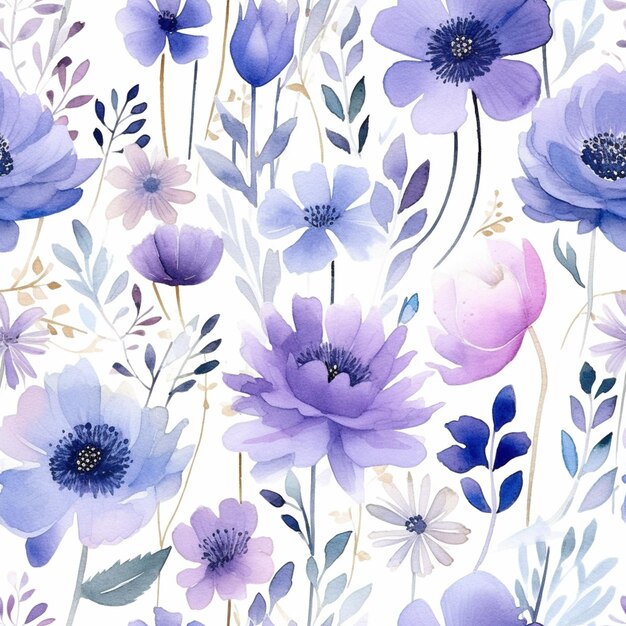 Lila und blaue Blumen auf weißem Hintergrund generativ ai