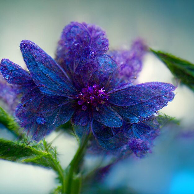 Lila und blaue realistische Blumen mit grünen Stielen und Blättern