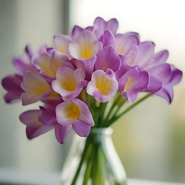 Foto lila und gelbe blumen in einer vase auf einem fensterbrett