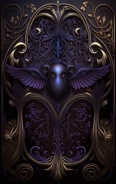 Lila und goldener Jugendstil-Hintergrund mit Herz und Flügeln, generative KI