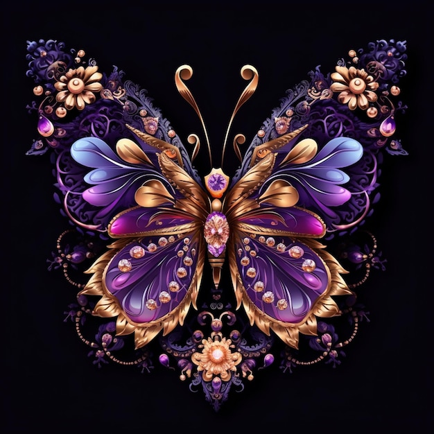 Lila und goldener Schmetterling mit Blumen und Perlen auf schwarzem Hintergrund, generative KI