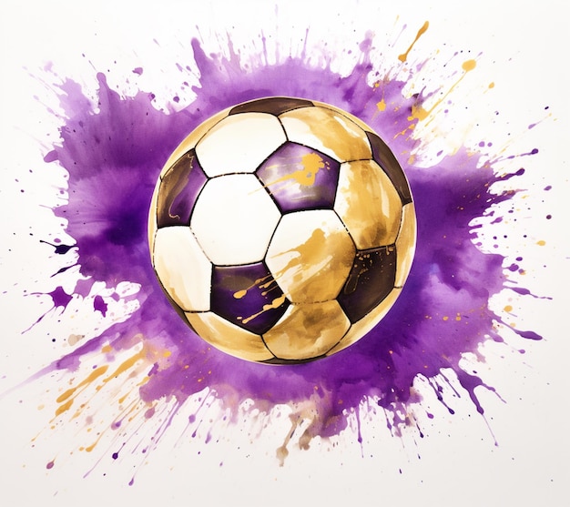 lila- und goldfarbener Fußball mit lila Splats auf weißem Hintergrund generativ ai