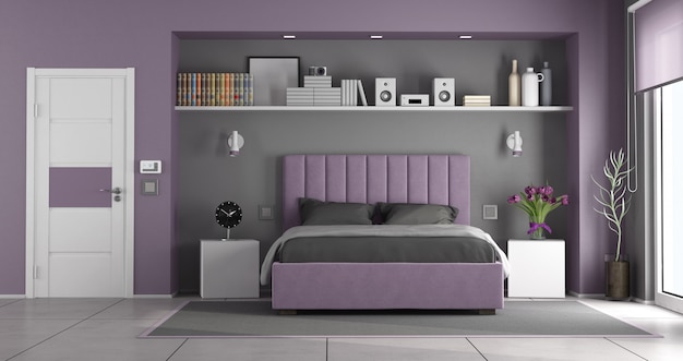 Lila und graues Hauptschlafzimmer