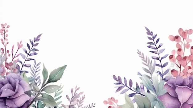 Lila und grüne Blüten und Blätter auf weißem Hintergrund