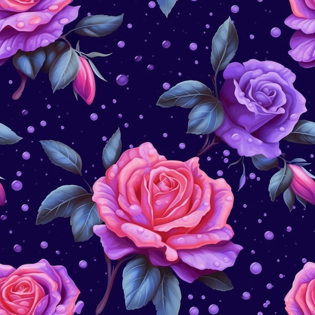 Lila und rosa Rosen mit grünen Blättern und lila Blasen auf dunklem Hintergrund, generative KI