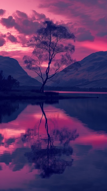 Lila und rosa Sonnenuntergang mit einem einsamen Baum, der sich im Wasser reflektiert