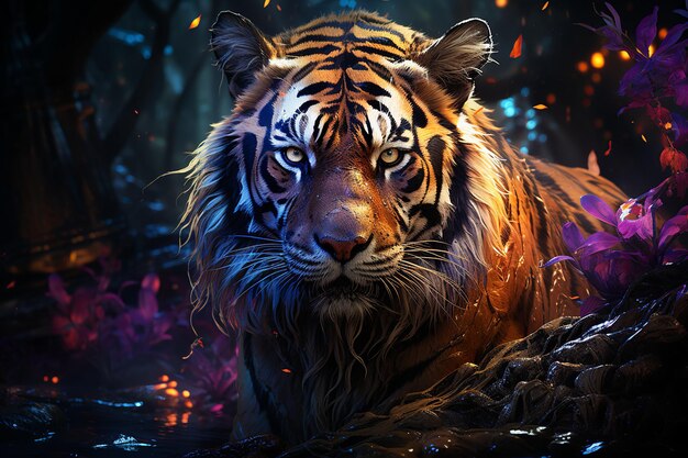 Lila und rosa Tiger am Wasser Ätherische Schönheit in der Natur Einfallsreiche Fusionen von Farben Fesselnde Tiger in surrealer Landschaft Ästhetische Serenität Generative Ai