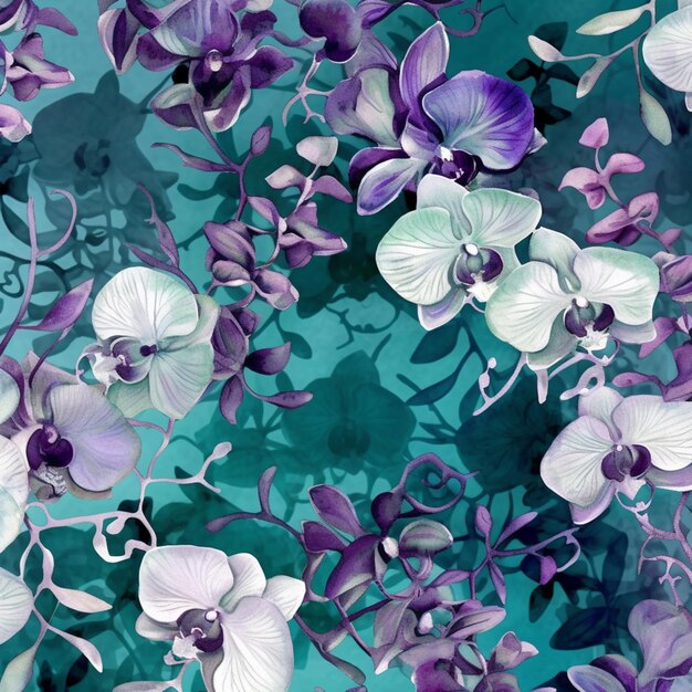 Lila und weiße Orchideen auf einem blaugrünen Hintergrund, generative KI