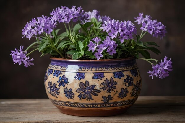 Lilablumen in einer Vase, die von grünen Blättern umgeben sind und einen wunderschönen Blumenstrauß bilden