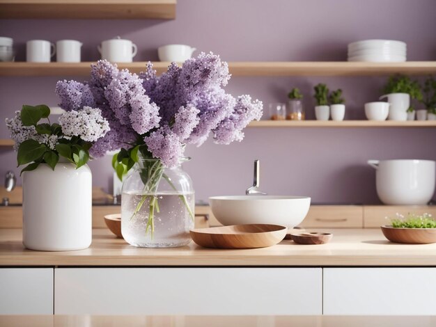 Lilac Elegance Schöne Blumen in einer Vase auf einer Holzplatte