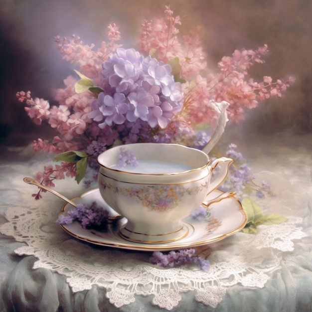 Lilas y una taza de té en un mantel de encaje con un ai generativo de enchaje blanco