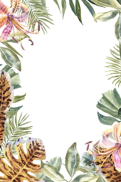 Lili Flowers Tierhautdruck, tropische Blätter Rahmen. Tiger Print Blumen Grenze