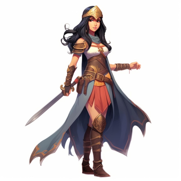 Lilia Alvarado, uma guerreira de armadura cian escura e laranja.